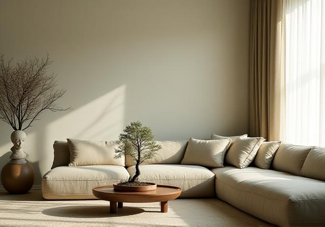 Interno minimalista e armonioso con piante e luce naturale