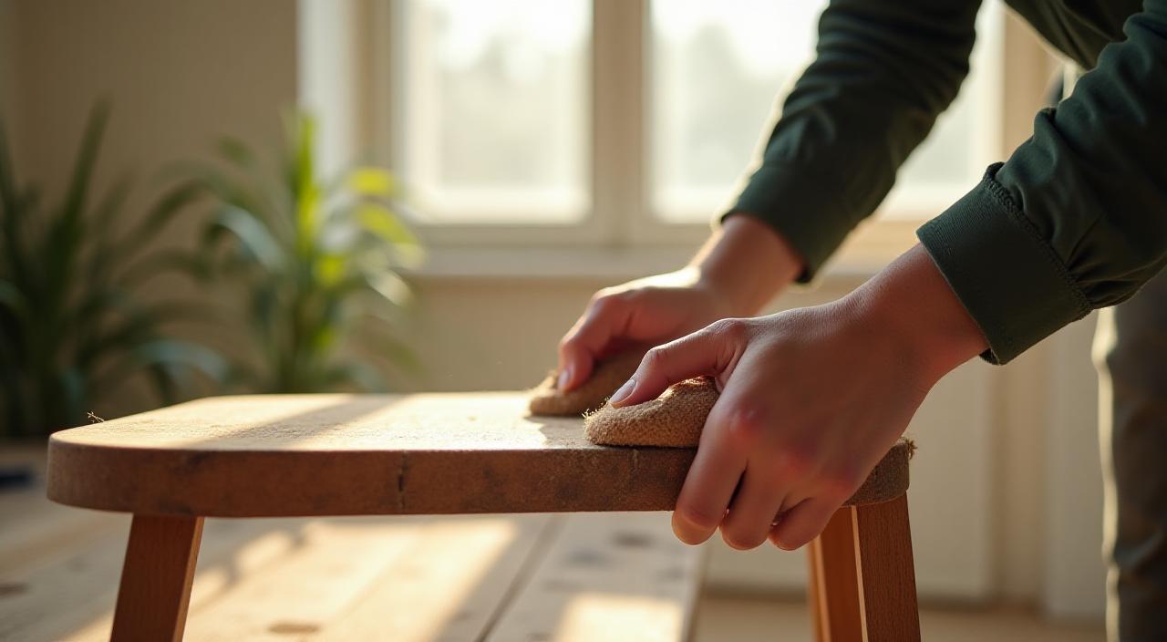 Mani artigiane che restaurano con cura una vecchia sedia in legno in una stanza inondata di luce naturale.